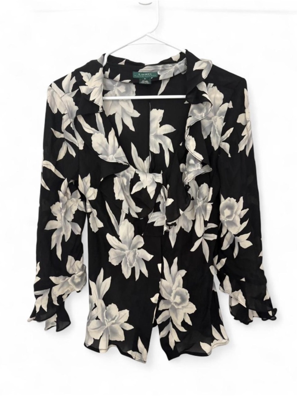 Lauren Ralph Lauren 100% Silk Black White Floral Ruffle Blouse Size 8 Semi Sheer
